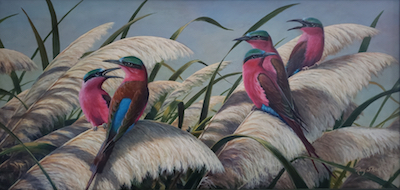 painting of several pink bee eater birds in
                      plume grass Guests