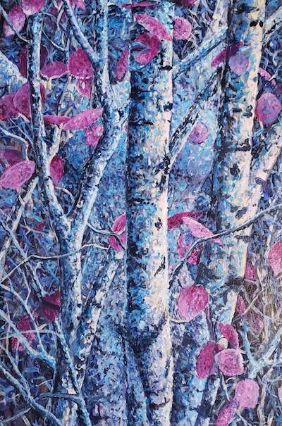 painting of aspen with pink leaves with hidden
                    female nude