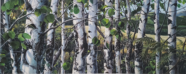 painting with aspens and 3 hidden bison