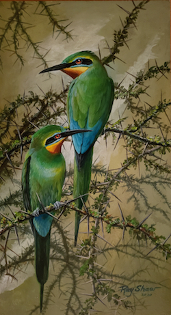 painting of three emerald bee eaters